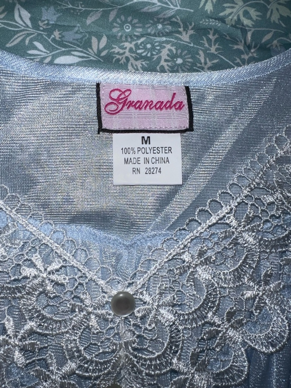 Granada Blue Liquid Satin Maxi Nightgown Lace Pearl Button Detail Medium - Picture 5 of 8